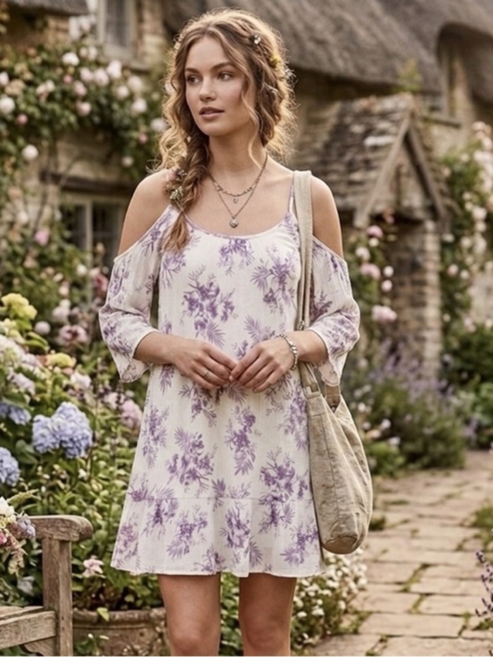 Altar'd State Purple Floral Cold Shoulder Mini Dress/Tunic - Bell Sleeve -Size S